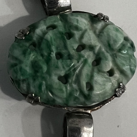 Antique Art Deco Bracelet Carved Green White Jadeite Sterling Chinese Export - Picture 6 of 13